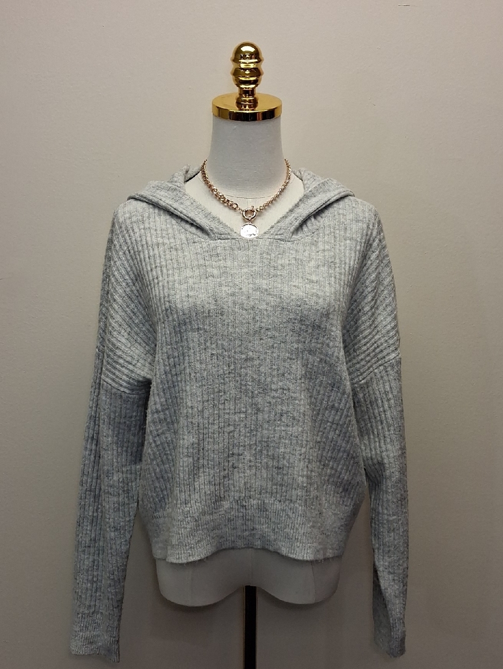 New York & Company Gray Ribbed Knit Hooded Sweater Size Medium